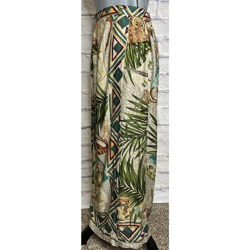 90's Sharon Young Tropical Print Boho Faux Wrap Skirt w/ Pocketwatch Design - Picture 3 of 10